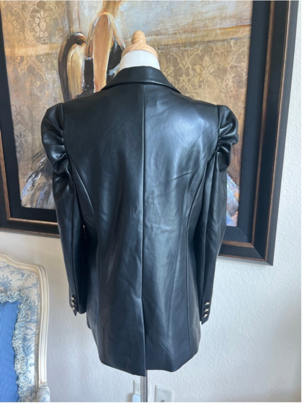 New Women's DOLCE CABO Black Faux Leather Puffed Sleeve Blazer M - Picture 7 of 9